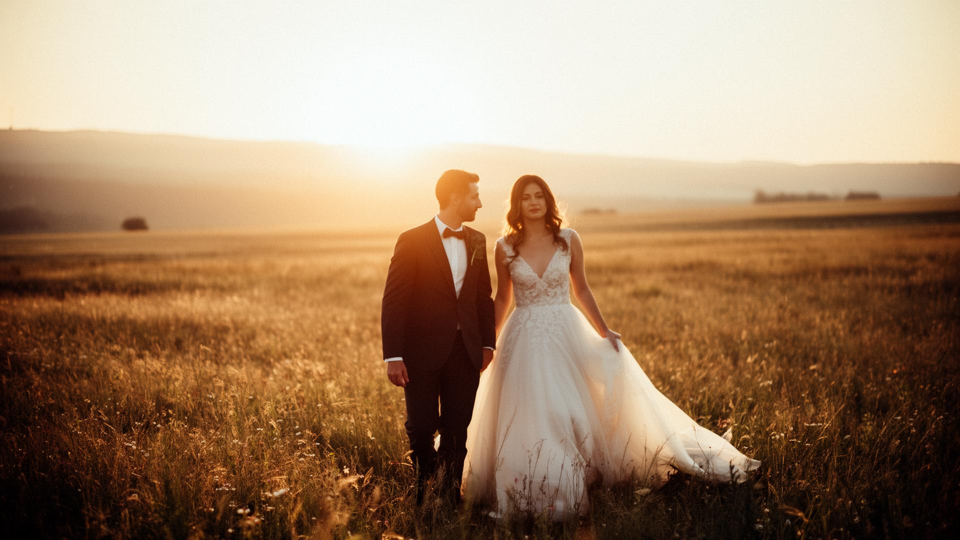 Hochzeitspaar im goldenen Abendlicht auf einer Wiese